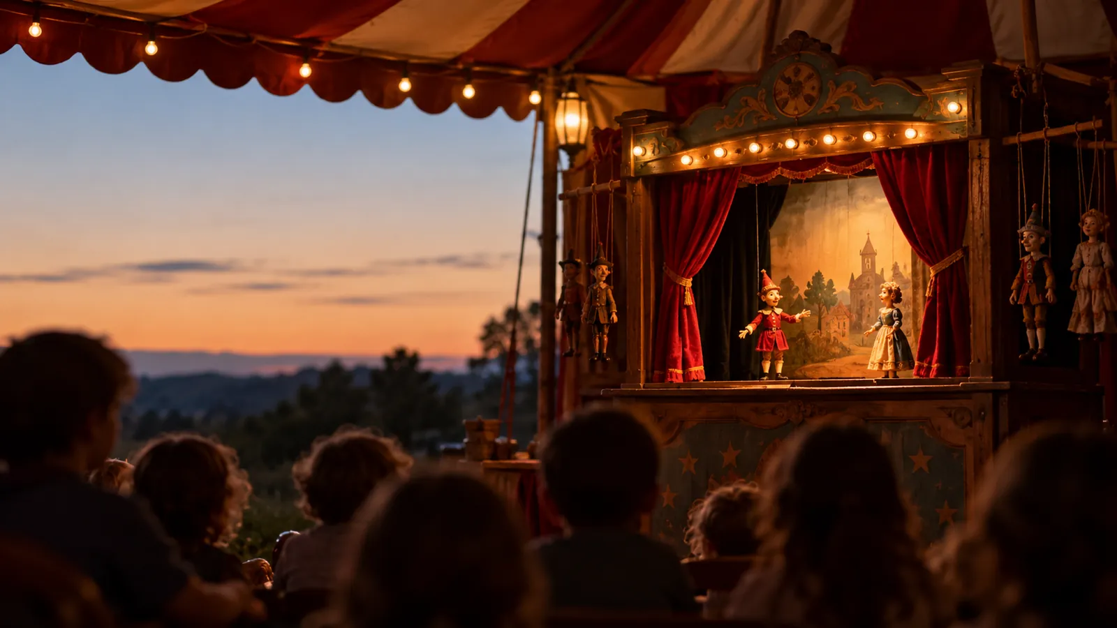 Petit théâtre de marionnettes en bois sous un chapiteau, rideau rouge entrouvert et marionnettes à fils suspendues